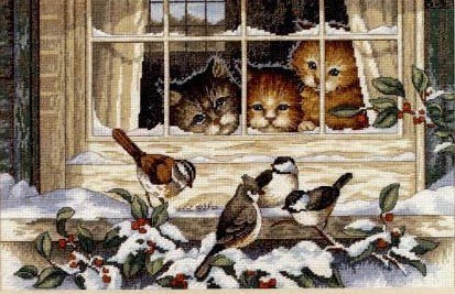 Котята зимой - окно, котята, дом, животные, снег, птицы, зима - оригинал