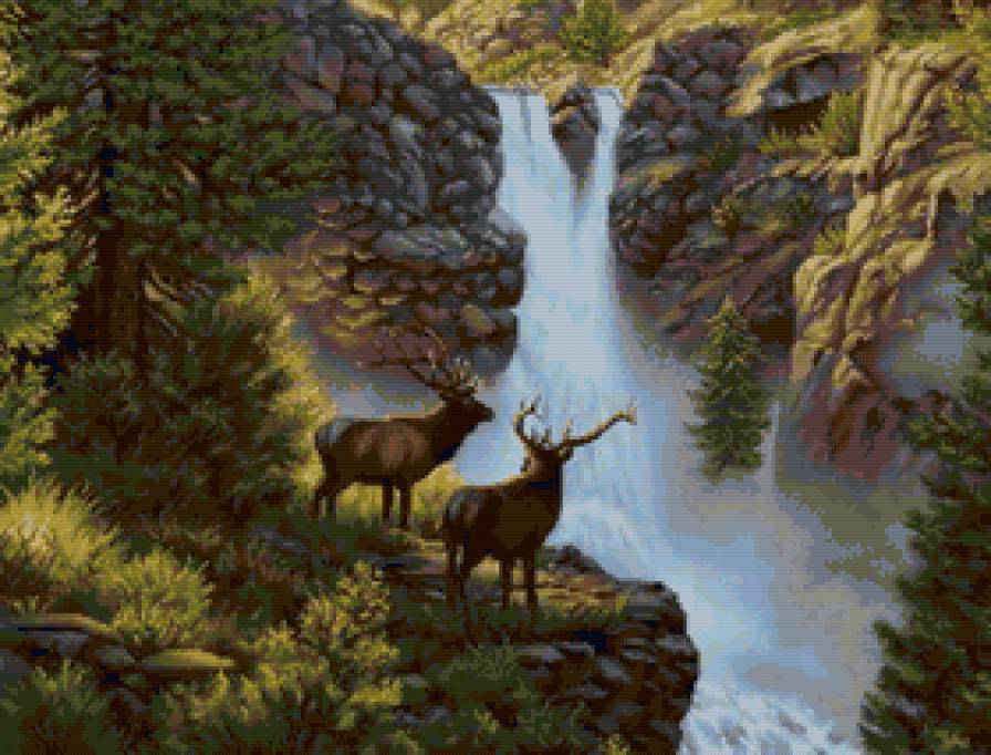 Олени у водопада - олени, горы, природа, водопад, пейзаж, животные - предпросмотр
