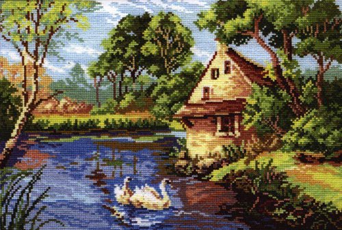 Домик в деревне - природа, деревня, лето, река, озеро, лебеди, дом - оригинал