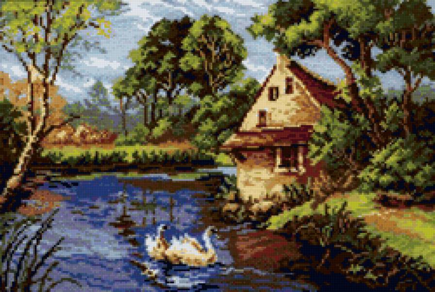 Домик в деревне - природа, озеро, деревня, река, дом, лето, лебеди - предпросмотр