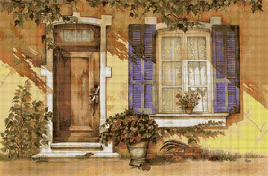 У дома - окно, ставни, дом, растения, дверь - предпросмотр