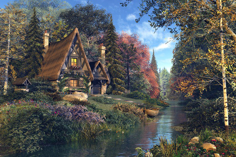Дом у реки - река, пейзаж, дом, живопись - оригинал