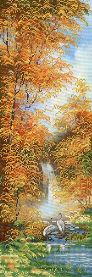 Осенний пейзаж - журавли, осень, пейзаж, природа, водопад, лес - оригинал