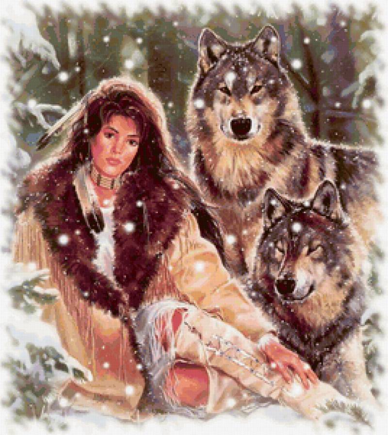 девушка с волками №2 - волки, девушка и дикие волки, в лесу, индейцы - предпросмотр