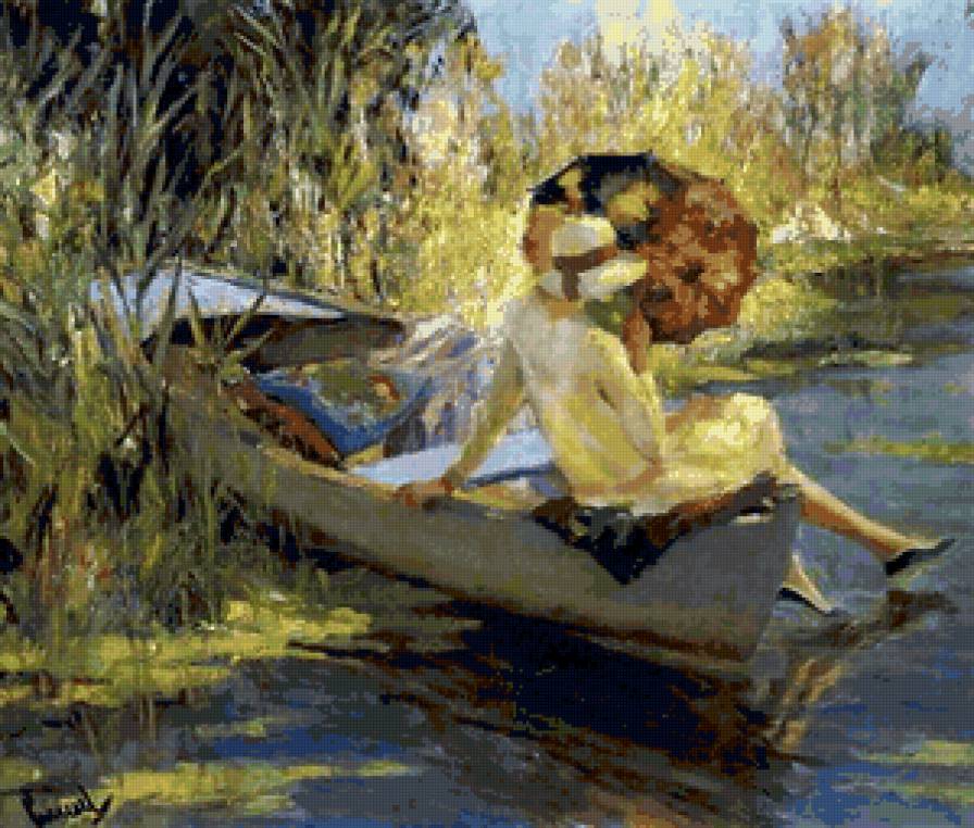 в лодке - живопись, картина, пейзаж, люди, лодка, девушка, река - предпросмотр