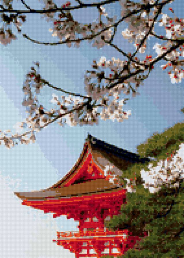 пейзаж - япония, архитектура, пагода, сакура, пейзаж - предпросмотр