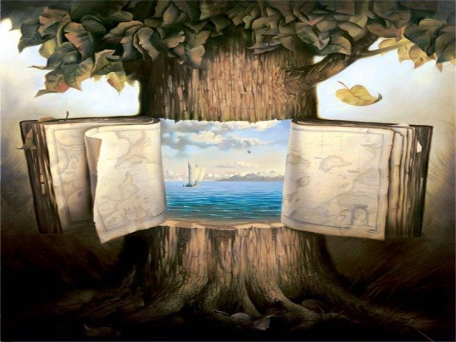 ДалИ - фэнтези, дерево, книги, парусник, море - оригинал