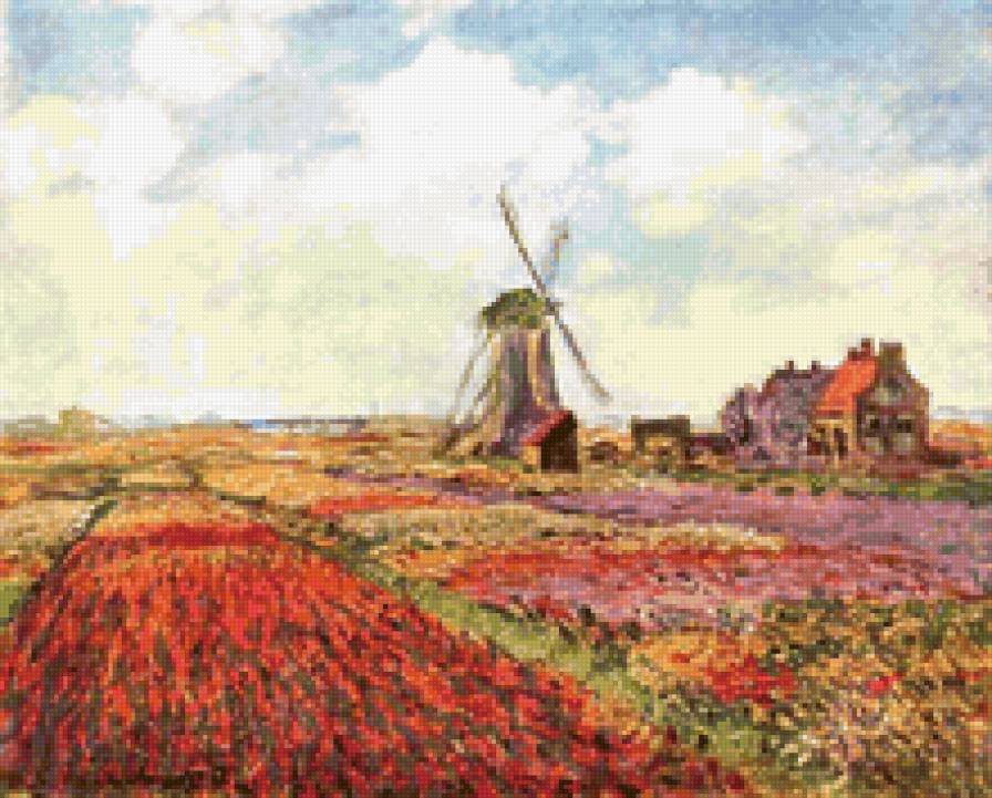 Клод Монэ Тюльпаны Голландии - цветы, поле цветов, пейзаж, природа, деревья, вода, домики - предпросмотр