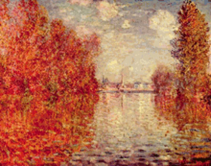 Клод Монэ Осенняя река - деревья., вода, замок, осень, природа, пейзаж, небо, домики - предпросмотр