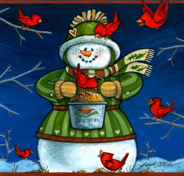 Новогодняя - зима, новогодняя, снеговик, птицы, птички, дети, рождество - оригинал
