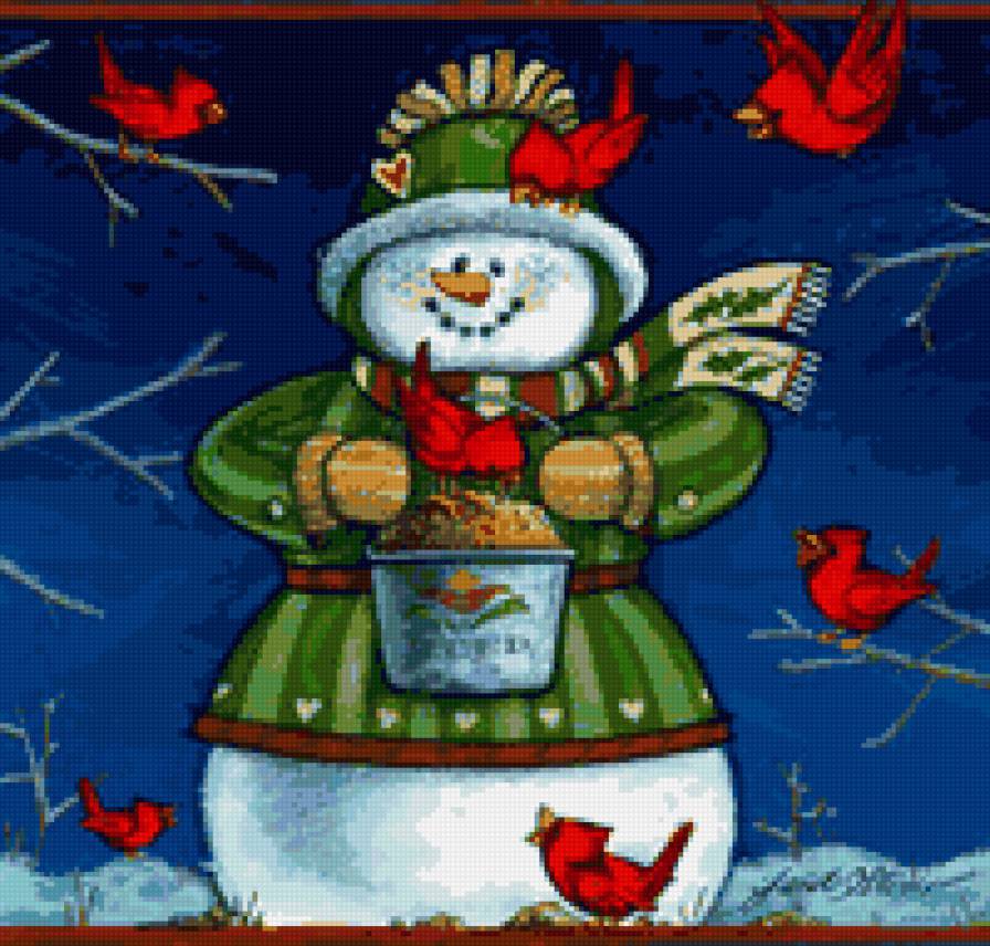 Новогодняя - снеговик, новогодняя, рождество, птицы, дети, птички, зима - предпросмотр