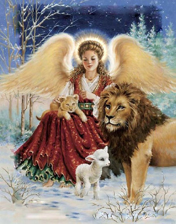 в лесу - ангел, рождество, зима, женский образ, животные, ангелы, львы - оригинал