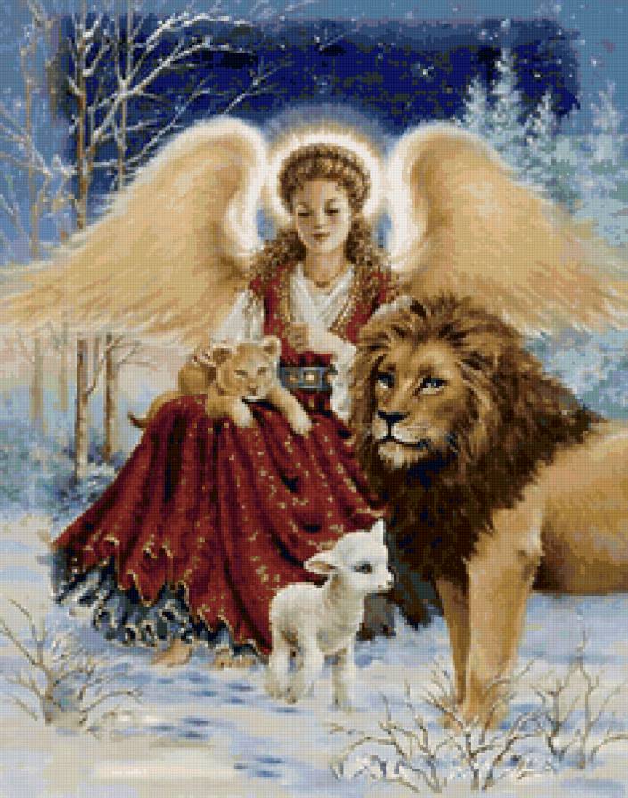 в лесу - львы, зима, ангелы, животные, женский образ, рождество, ангел - предпросмотр