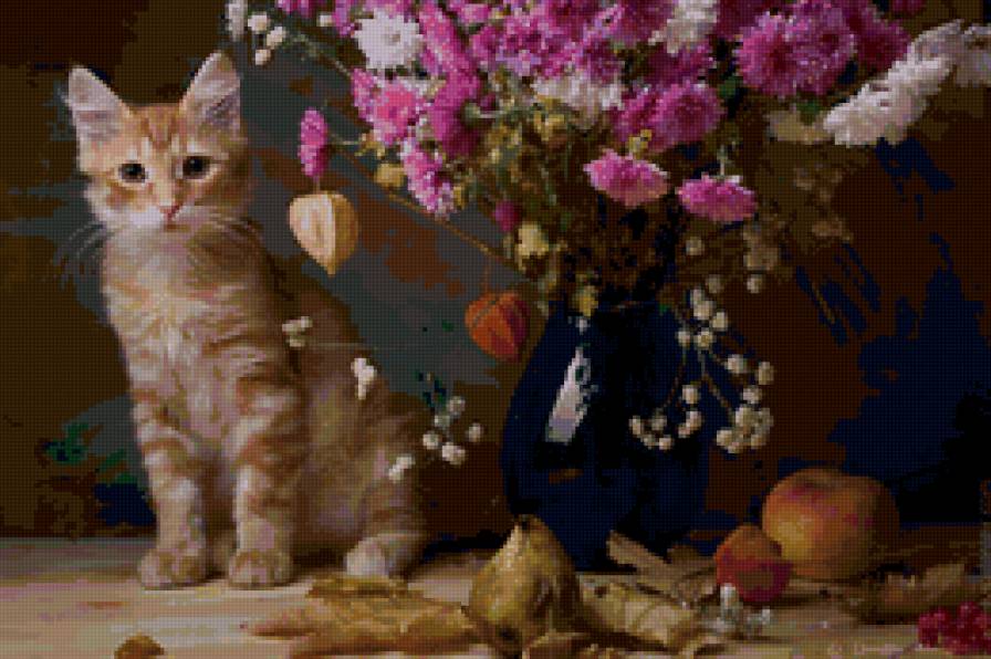 котенок - котенок, осень, цветы - предпросмотр