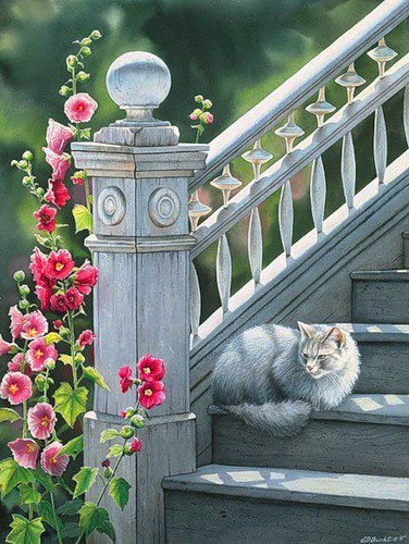 Серия "Кошки" - цветы, животные, кошки, мальва, пейзаж - оригинал