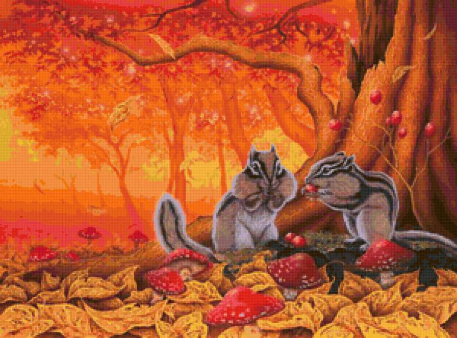 Осенний пейзаж с бурундуками - бурундуки, лес, осень, животные, пейзаж - предпросмотр