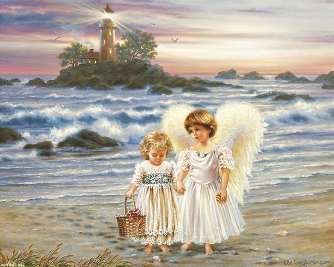 Ангелочки - пейзаж, живопись, маяк, море, ангелы - оригинал
