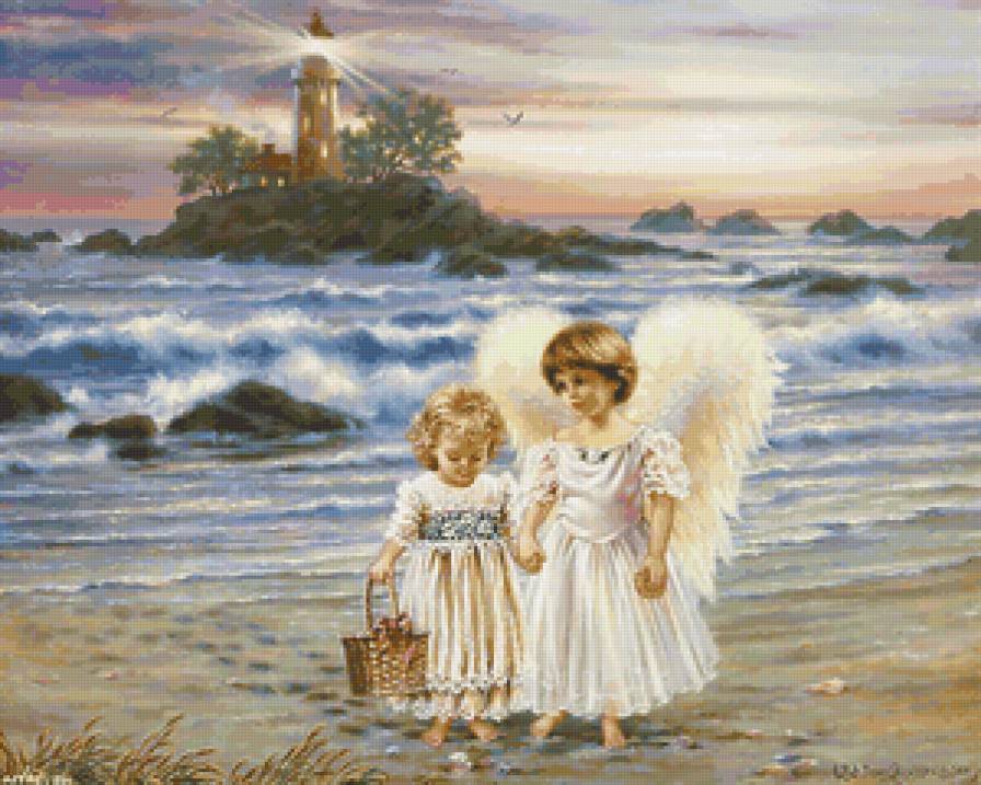 Ангелочки - маяк, живопись, ангелы, пейзаж, море - предпросмотр