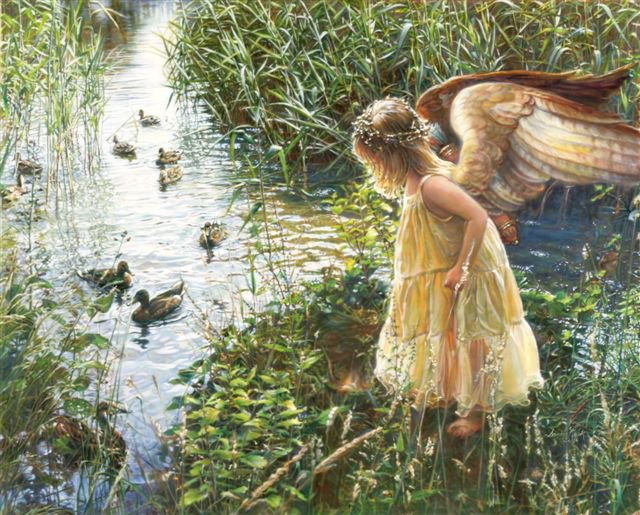 Ангелочек - пейзаж, ангел, река, птицы, живопись - оригинал