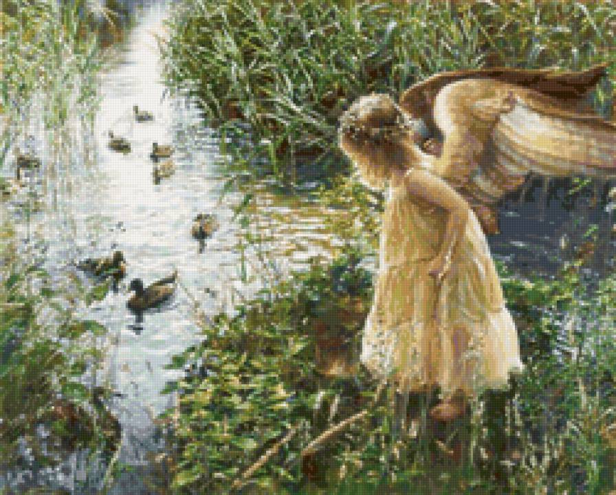 Ангелочек - река, живопись, птицы, ангел, пейзаж - предпросмотр