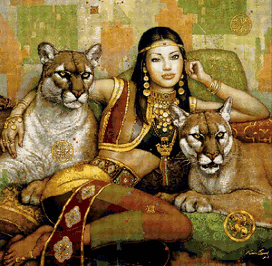 девушка с пумай - девушка и дикие кошки, египет - предпросмотр