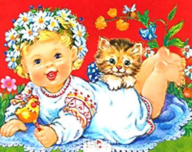 Карапуз и котёнок - детки, котенок, цветы, ромашки, кот, малыши, ребенок, венок - оригинал