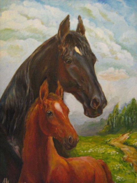 лошадь с жеребенком - живопись, животные, лошади, лето, картина, природа, красота - оригинал