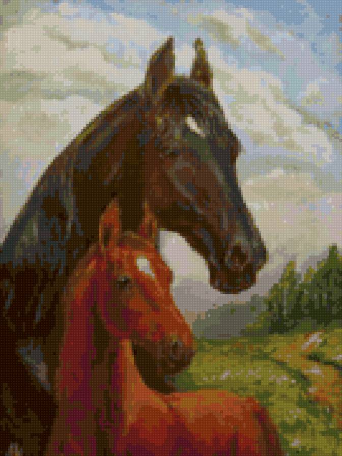 лошадь с жеребенком - красота, картина, лошади, живопись, лето, природа, животные - предпросмотр
