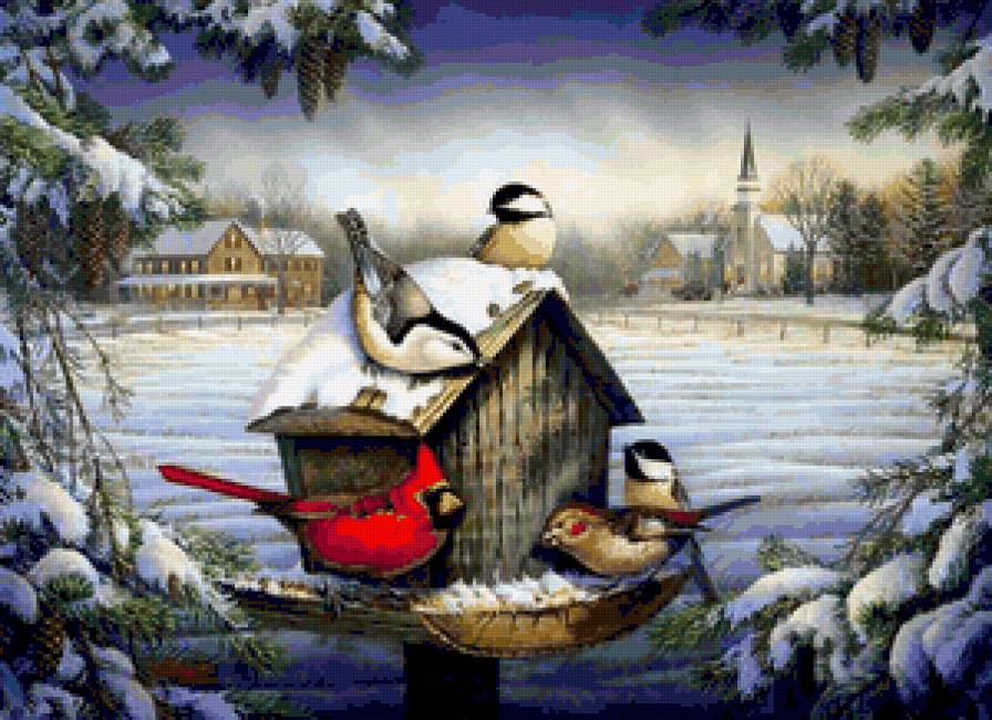 Птички)) - птички, снежная картина, птицы, снег, зима - предпросмотр