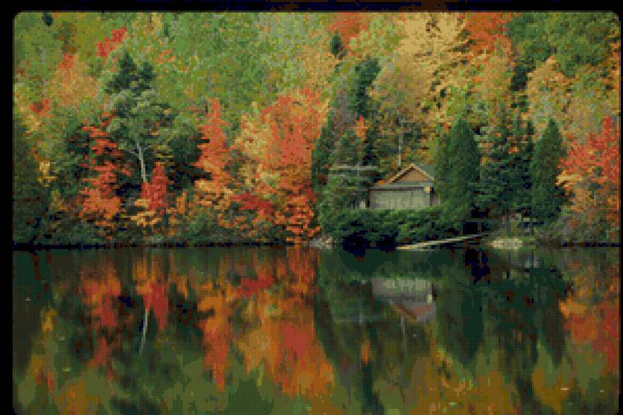 №53708 - осень, деревья, озеро, пейзаж, природа, дома, отражения, река - предпросмотр