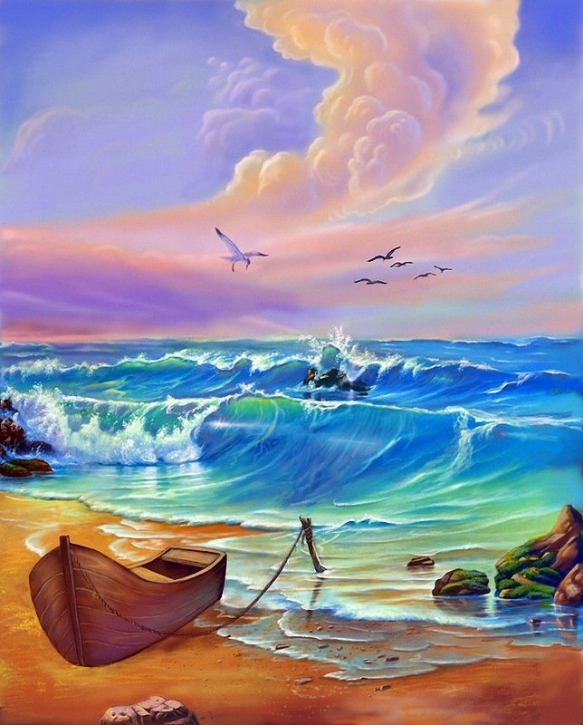 море - пейзаж, лодка, картина, природа - оригинал