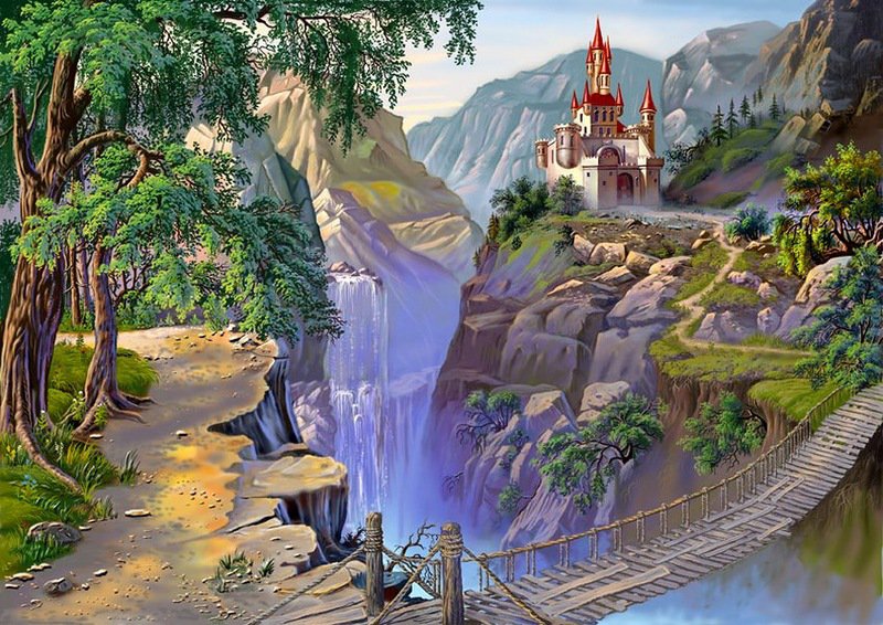 замок - природа, замки, мостик, пейзаж, мосты, картина, горы - оригинал
