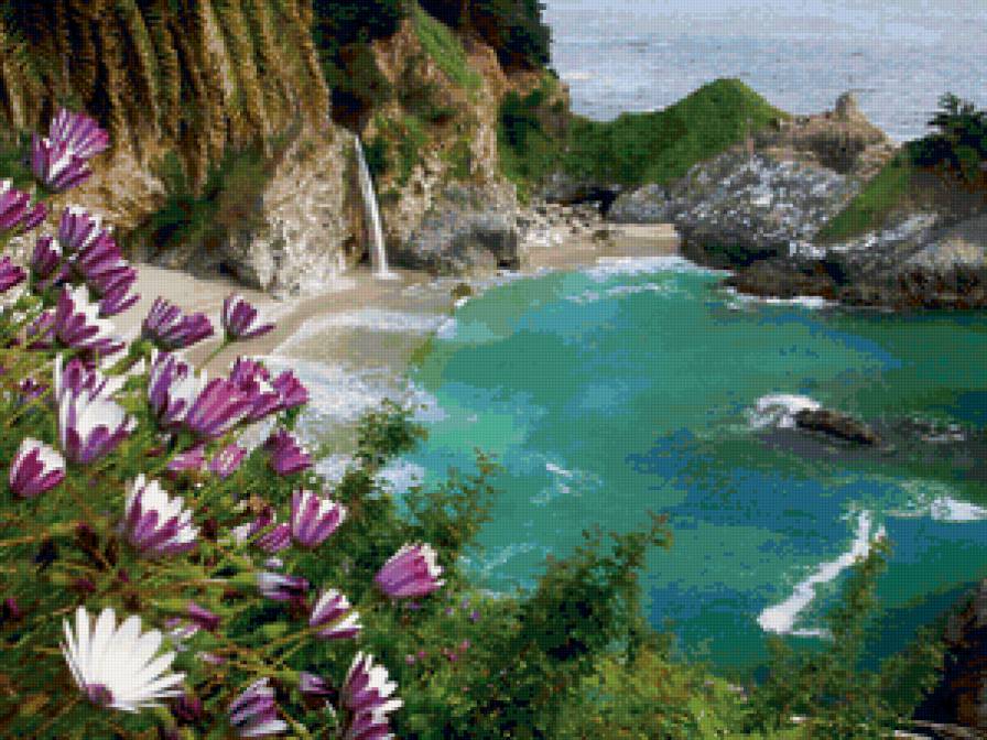 морской пейзаж - скала, море, пейзаж, цветы - предпросмотр