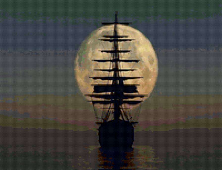 парусник - море, корабль, парусник, луна - предпросмотр