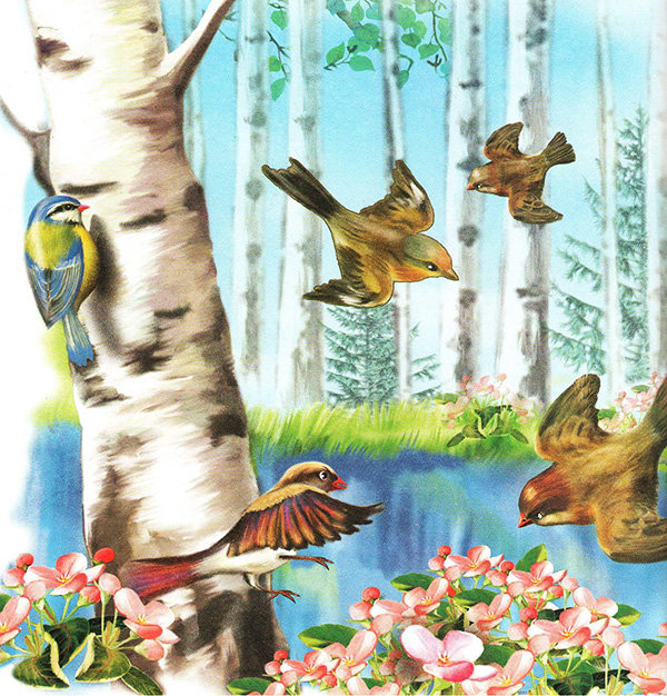 Весенний лес - весна, цветы, птицы, природа, солнце, лес, пейзаж, березки - оригинал