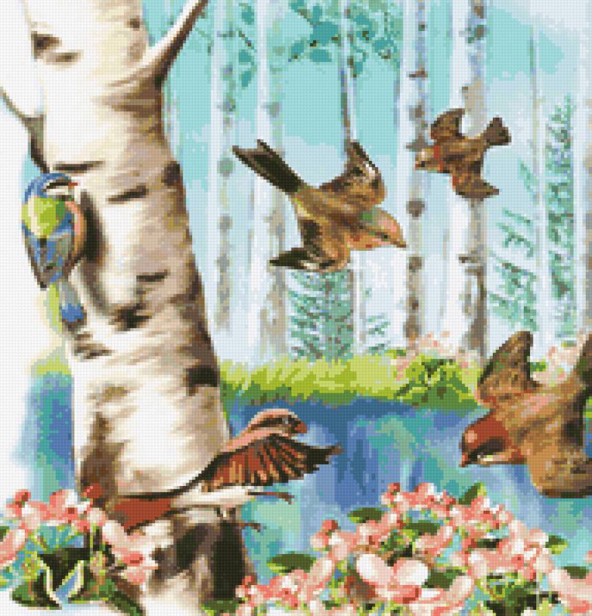 Весенний лес - птицы, лес, пейзаж, березки, солнце, весна, цветы, природа - предпросмотр