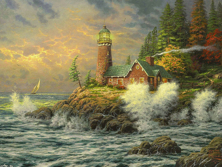 Маяк - пейзаж, яхта, маяк, живопись, море - оригинал