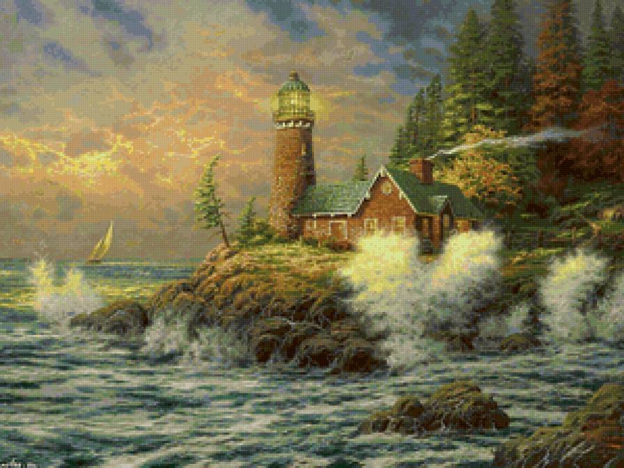 Маяк - живопись, пейзаж, маяк, яхта, море - предпросмотр