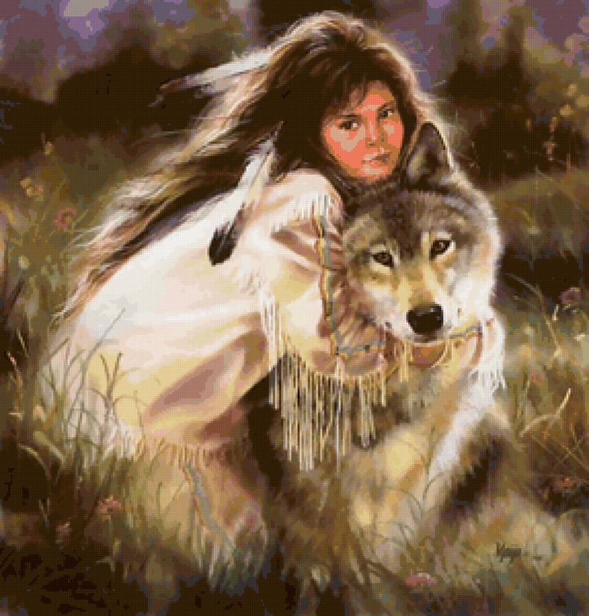 Девочка и волк - пейзаж, девочка, живопись, животные - предпросмотр