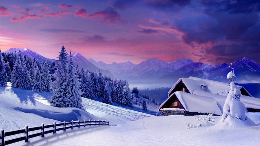 зима в горах - зима, горы, домик - оригинал