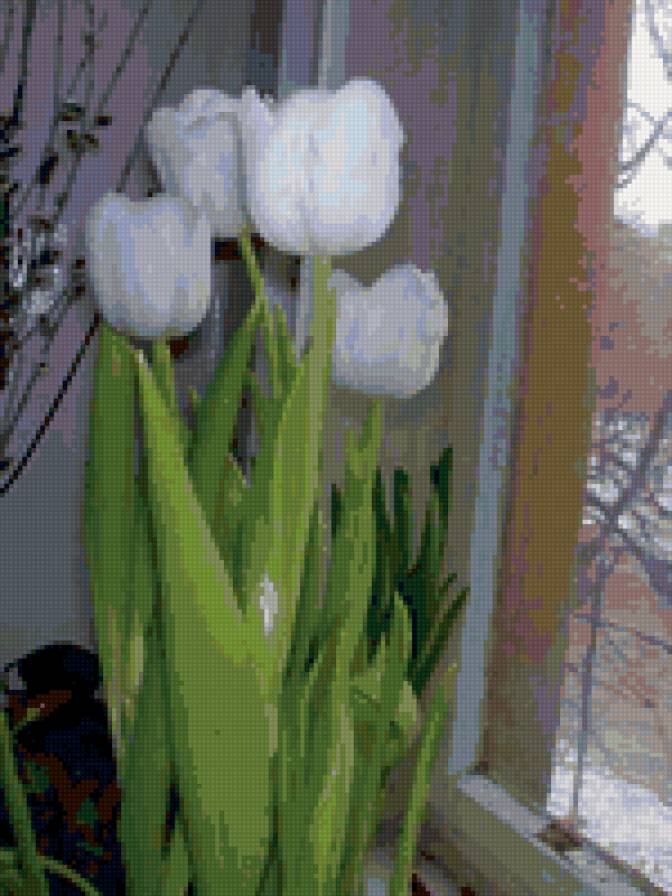 весна - букет, цветы, пейзаж, окно, весна, тюльпаны - предпросмотр