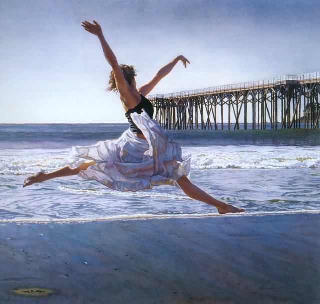 Танцы у воды - девушка, пейзаж, мостик, море - оригинал