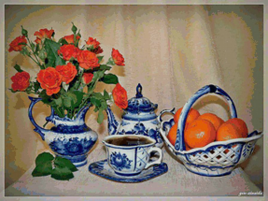 гжель - розы, апельсины, натюрморт - предпросмотр