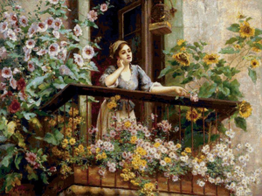 на балконе - цветы, девушка - предпросмотр
