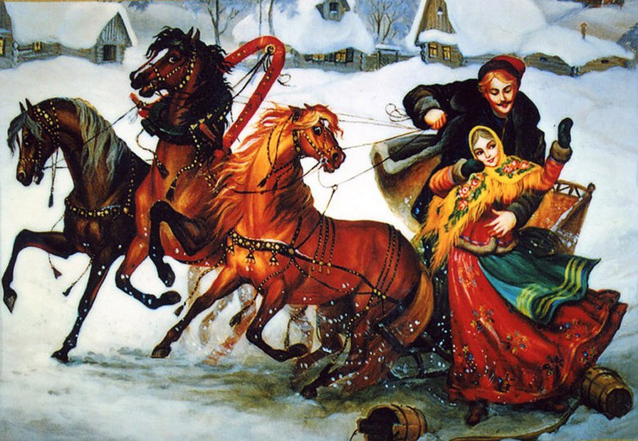 тройка - флирт, кони, лошади, картина, двое, любовь, зима, упряжка, пары - оригинал