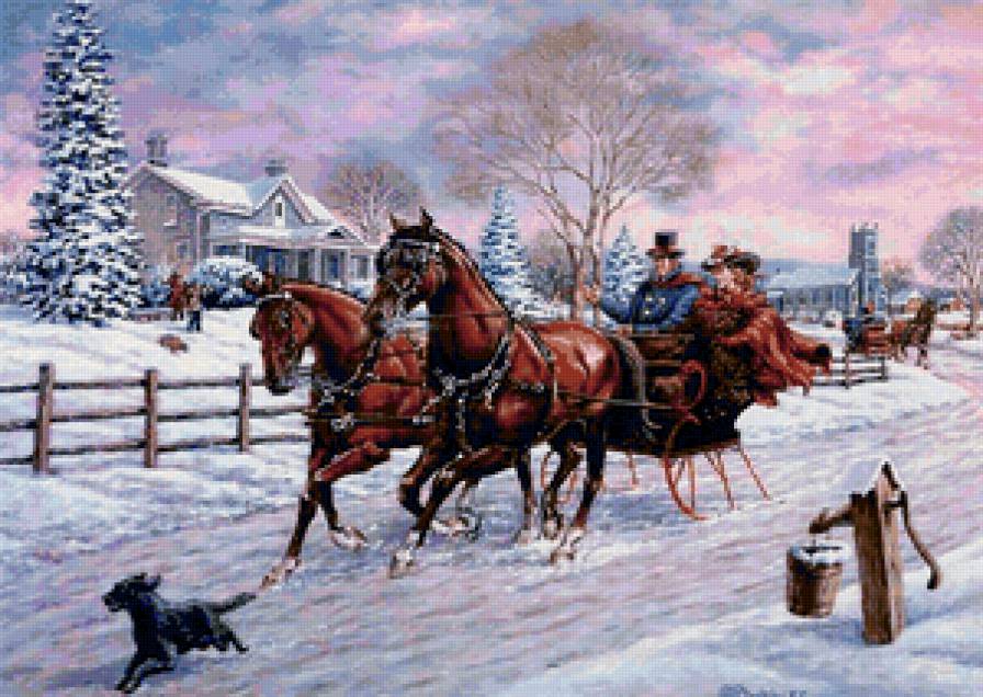 картина - пейзаж, двое, пары, упряжка, лошади, любовь, дамы, зима - предпросмотр