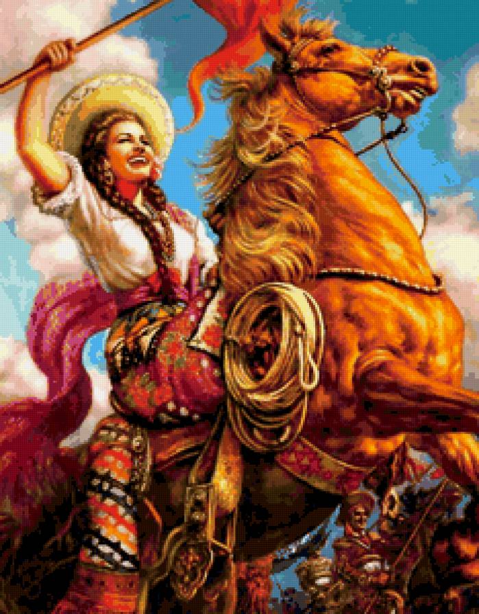 женский образ - лошади, женщини, всадница, девушки, картина, мексиканки - предпросмотр