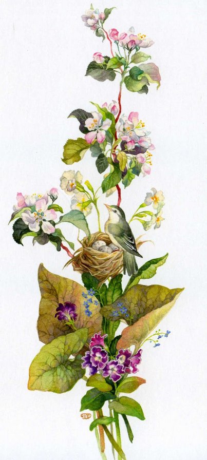 Цветочное панно - цветы, природа, птицы, весна, листья - оригинал