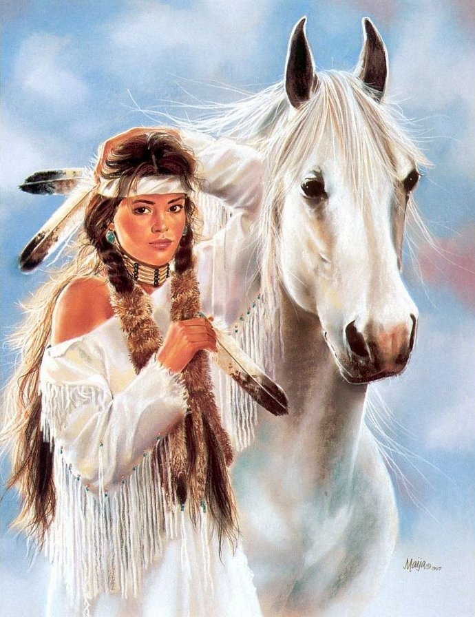 женский образ - картина, женщины, девушки, индейка, лошади, портрет, индейцы - оригинал