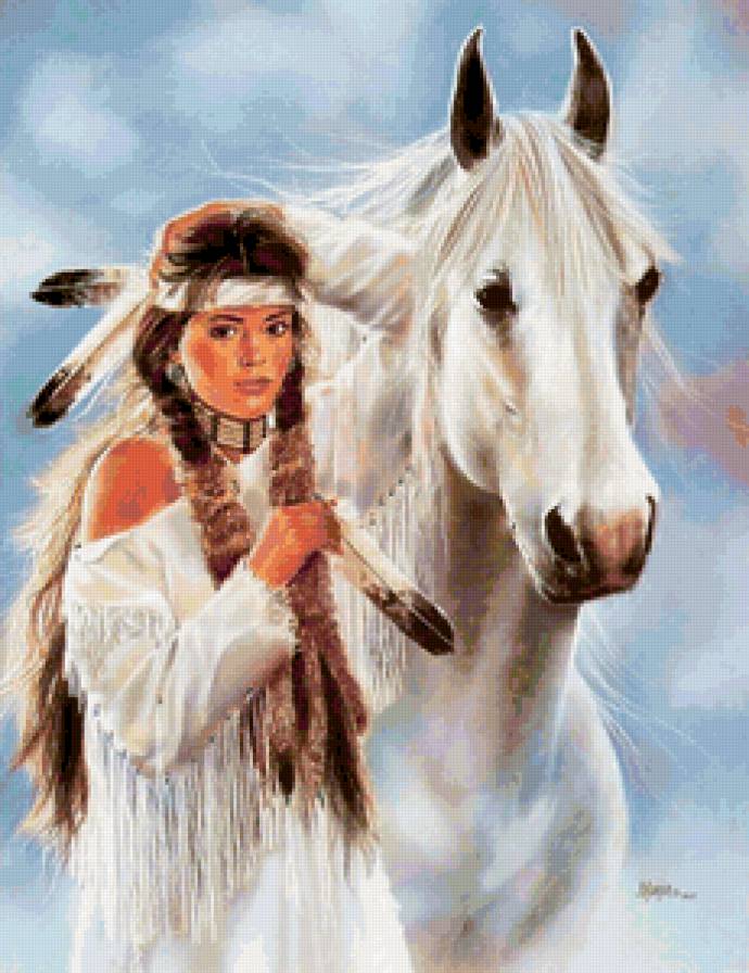 женский образ - индейка, девушки, индейцы, женщины, портрет, картина, лошади - предпросмотр